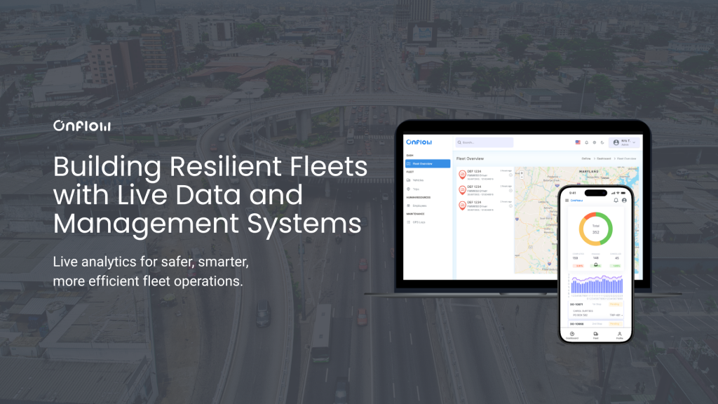 Cars in highways background with a laptop and phone showcasing OnFlow Fleet Tracking System